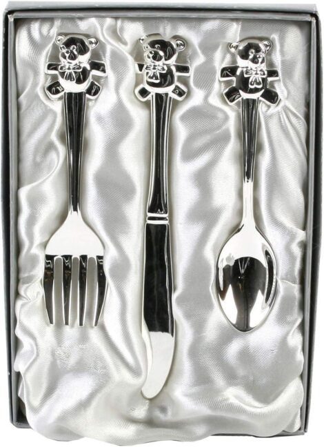 Teddy Cutlery Set: Delightful Silver Plated Gift for Baby, Christening, or Baptism.