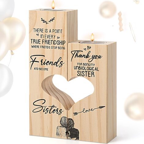 Yoillione Friendship Gifts – Personalized Wooden Heart Shaped Candle Holder for Unbiological Sister.