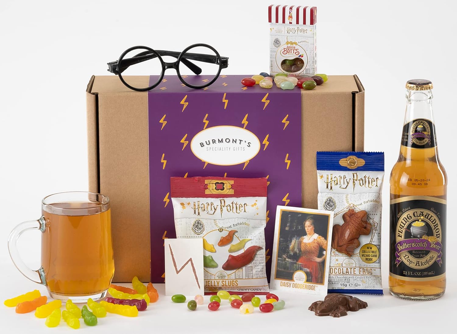 The Ultimate Harry Potter Selection Box - Non-Alcoholic Butterscotch Beer, Chocolate Frog, Jelly Belly Bertie Bott's Beans, Jelly Slugs, Wizard Glasses & Temp Tattoo - Hamper Exclusive To Burmont's