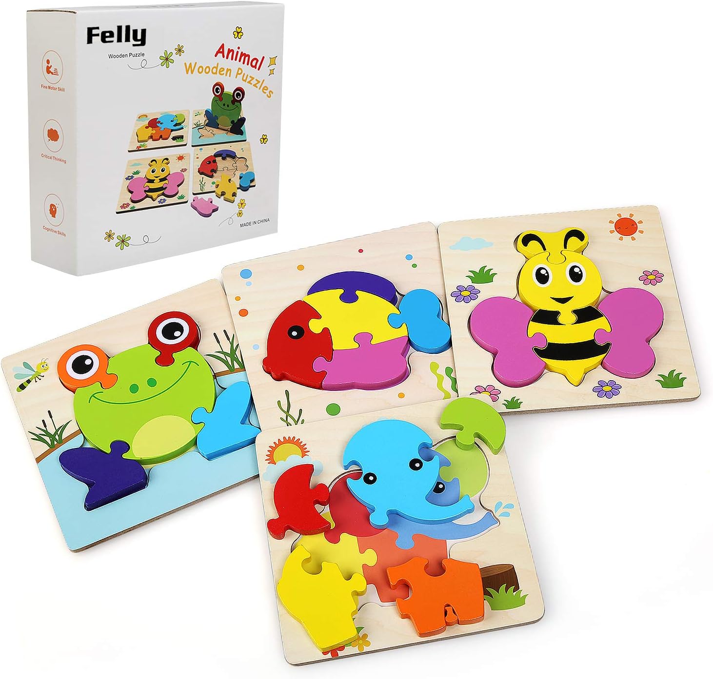 Felly Wooden Toys - 4 Pack Jigsaw Puzzles for Toddlers 1 2 3 Years Old, Boys & Girls Educational Montessori Toys Gift with 4 Animals Patterns, Bright Vibrant Color Shapes of Animal