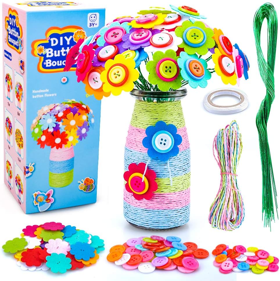 Art Craft Kits Toy for 5-10 Year Old Girls Boys, DIY Flower Crafts Kit for Kids Girl Boy Age 6 7 8 Birthday Gift Felt Bouquet Flower Buttons Vase for 4-7 Year Old Kid Child Activity Present Sun Flower