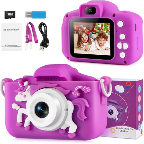 Youerls 1080P HD Kids Camera, Rechargeable, 32GB SD Card, 2″ IPS Screen (purple)