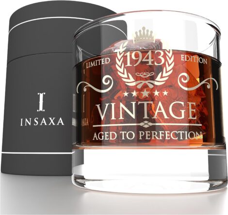 Vintage 1943 Lowball Glass Tumbler (380ml) – Insaxa 80th Birthday Men’s Gift.