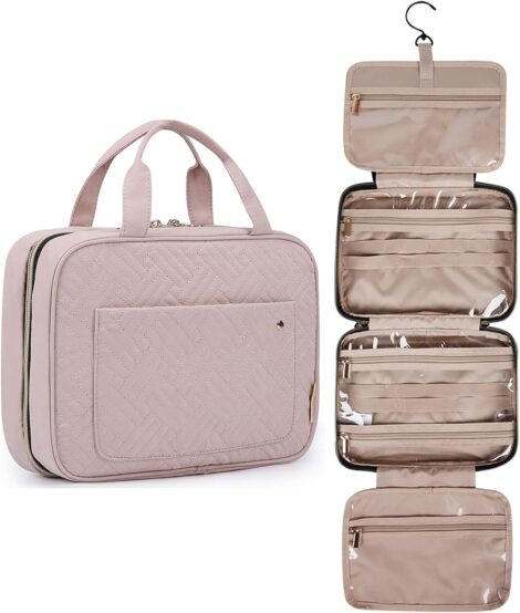 BAGSMART Travel Toiletry Bag. Large, Clear, Pink Cosmetic Bag for Women with Full-size Container.