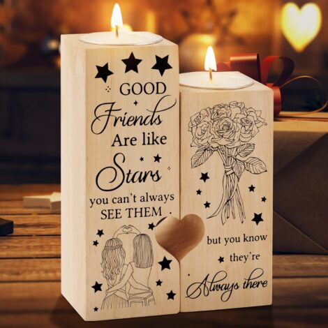 Wooden heart-shaped candle holder, engraved friendship gift for women. Perfect for birthdays, Christmas, and graduations.