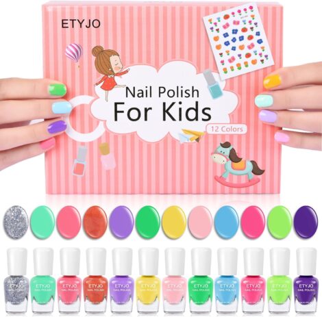 ETYJO Nail Varnish Sets: 12 Non-Toxic Peel-Off Candy Colors with Flower Nail Stickers, Gift for Teens.