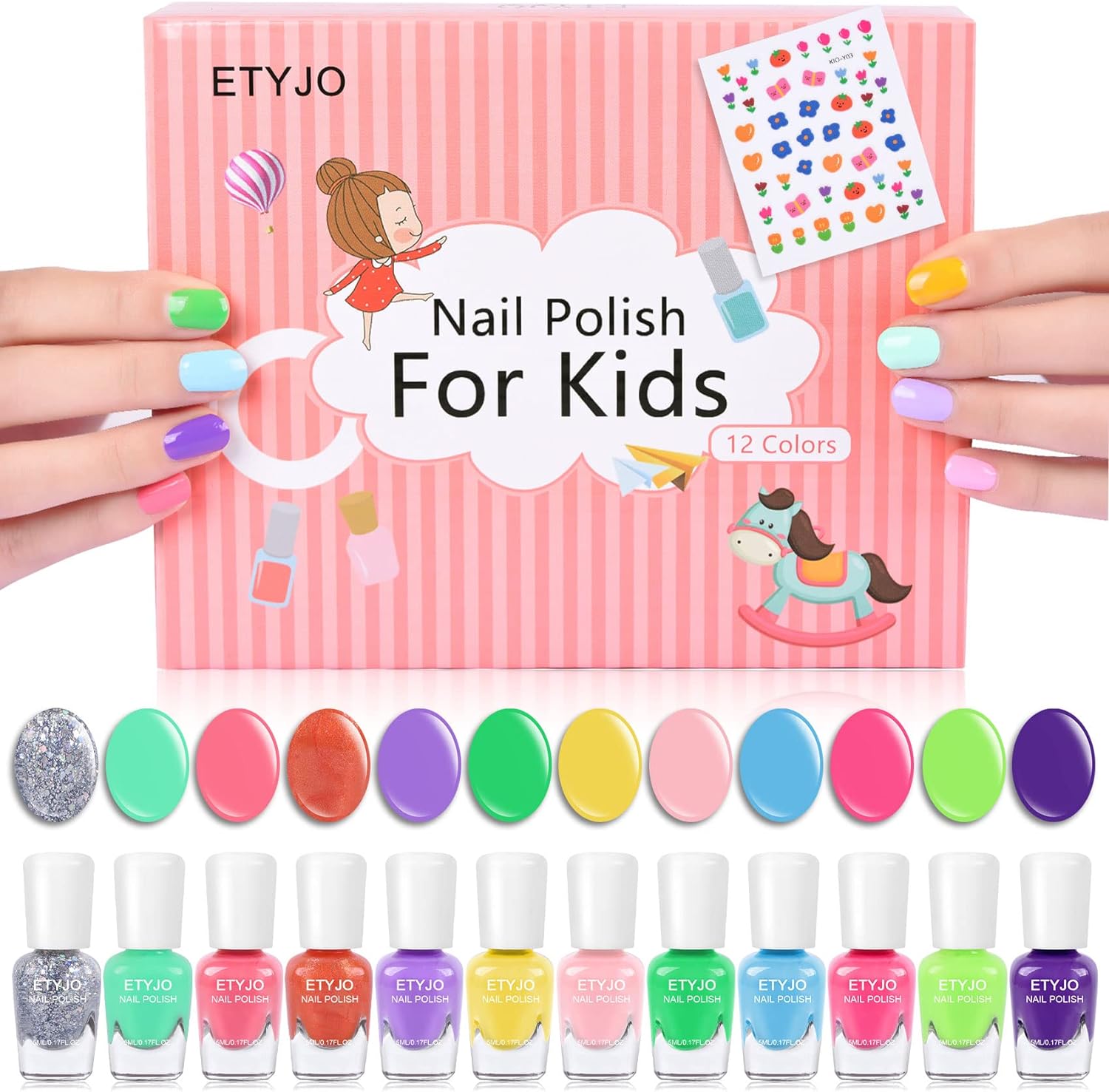 ETYJO Nail Varnish Sets for Girls, 12 Candy Colors Non-Toxic Peel-Off Kids Nail Polish Sets with Flower Nail Stickers, Quick Dry Water-Based Kids Nail Varnish Set Gift for Teenage Girls 3+