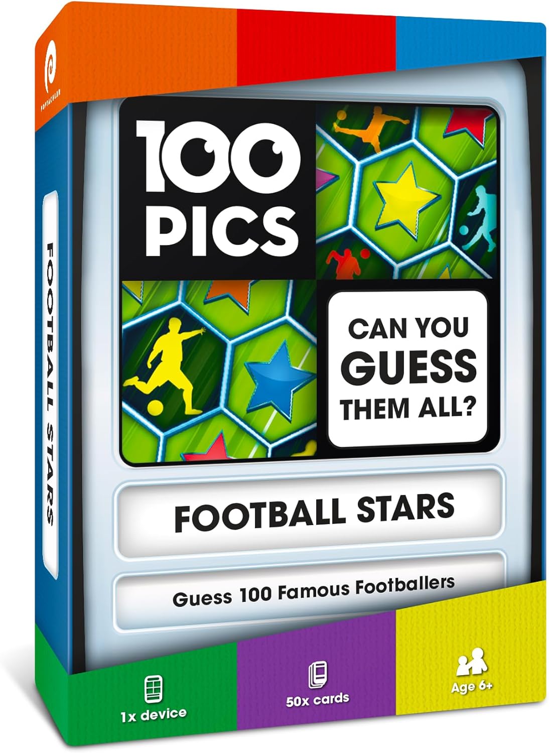 100 PICS Football Stars Travel Game - Guess 100 Players | Flash Cards with Slide Reveal Case | Quiz Card Game, Gift, Stocking Filler | For Kids and Adults | Ages 6+
