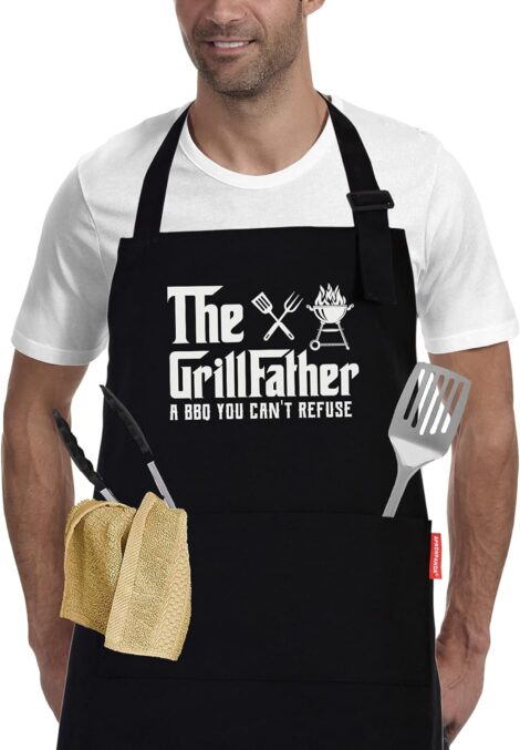 Grill Father Apron – Funny Cooking Apron for Men with Pockets, Great Gifts for Dad