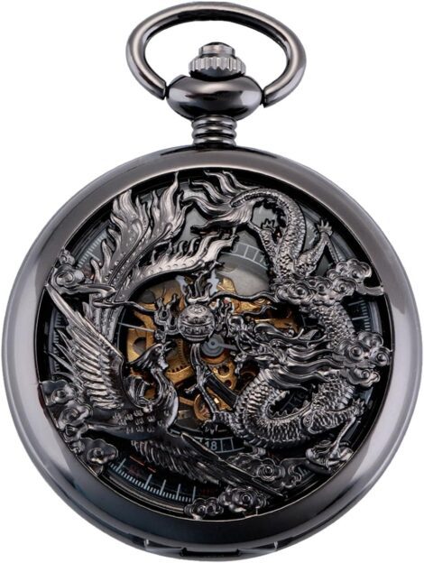 ManChDa Luck Dragon & Phoenix Pocket Watch – Vintage Mechanical Steampunk Fob for Men & Women.