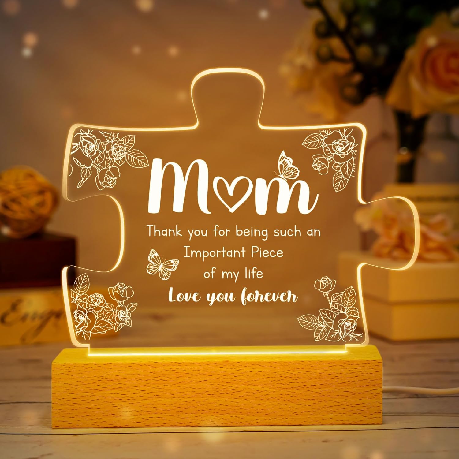 Gifts for Mum - Acrylic Puzzle Night Light Lamp, Birthday Gifts for Mum with Wooden Base, Mum Gifts from Daughter Son, Presents Gifts for Mum Mother