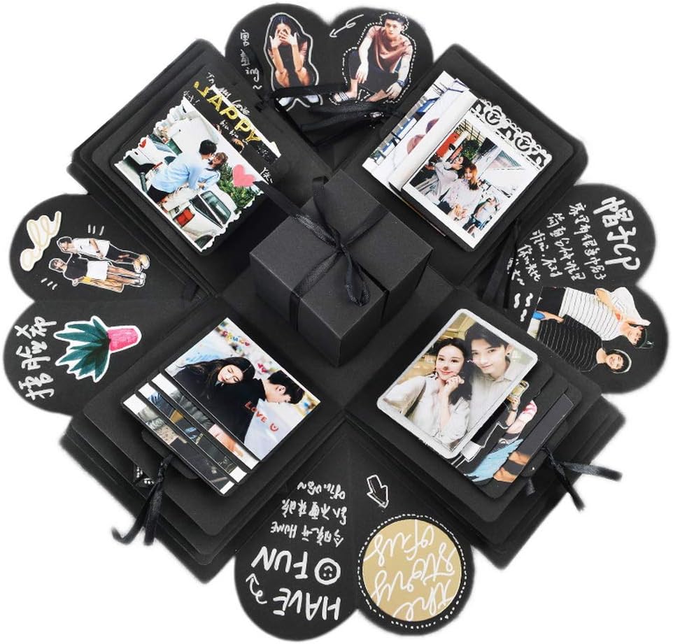 kuou Black Explosion Box with 4 Faces, Surprise DIY Explosion Gift Box Photo Hexagon Box Picture Fold Out Box for Wedding Birthday Valentine Anniversary Father's Day Gifts for Dad Woman Boy Girls Mum