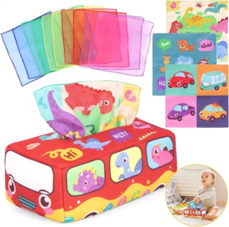 Bus-shaped sensory toy for babies (6-24 months) with sound, colors, patterns, dinosaur cartoon, and educational features.