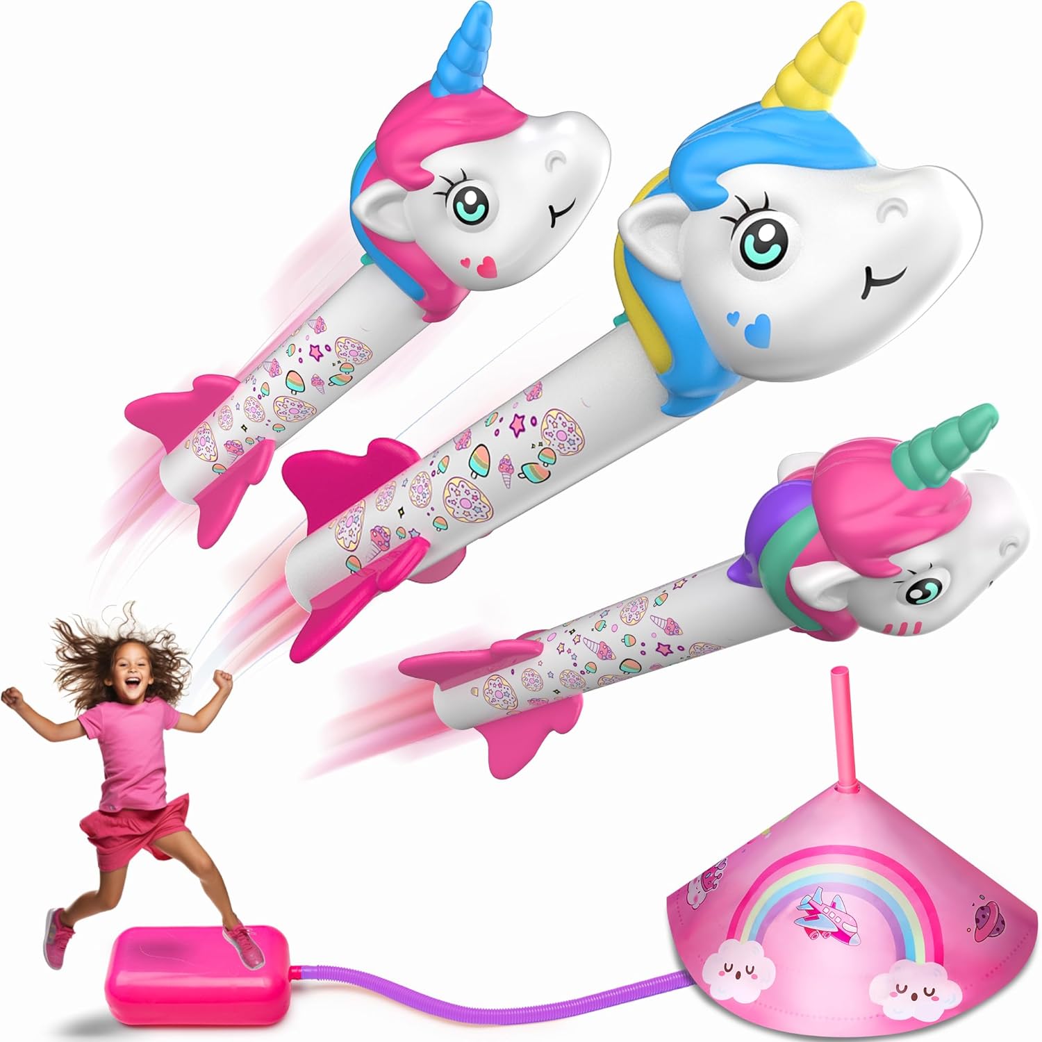 Hot Bee Unicorn Gifts for Girls 2 3 4 5 Year Old, Toys for 2-8 Year Old Girls, Unicorn Rocket Launcher for Kids, Garden Toys for 2 3 4 5 6 Year Olds, Girls Outdoor Toys, Unicorn Stomp Rocket for Kids