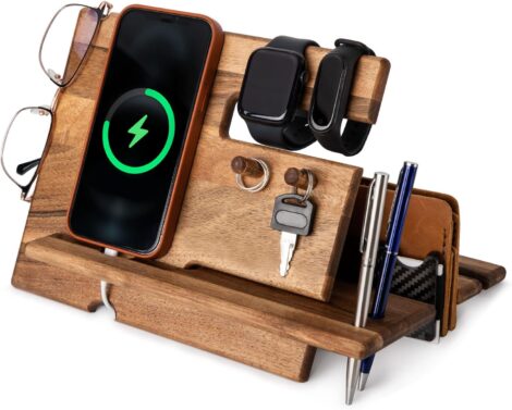 YAREM Walnut Men’s bedside organizer: Unique birthday gifts, home office gadgets, phone and watch stand. Dad’s wooden phone stand.