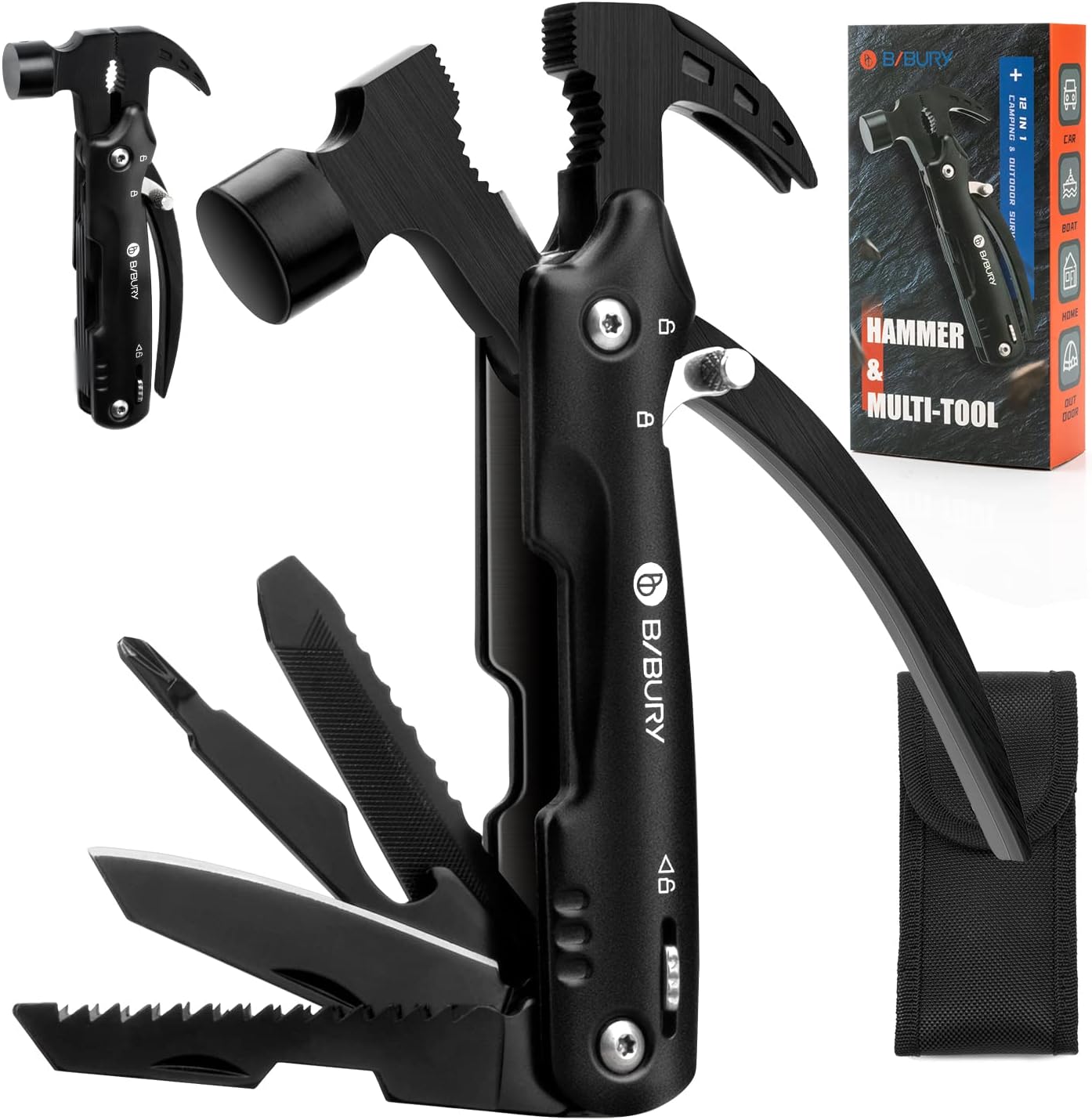 Gifts for Men, BIBURY Mini Hammer Multitool, Unique Christmas Birthday Gift Ideas, Outdoor Accessories Camping Tools for Hiking, DIY Activities, Home Improvement Black