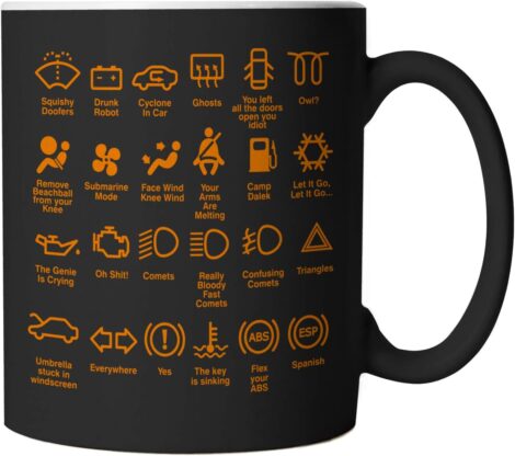 Vectorbomb Funny Dash Icons Mug – Car Garage Mechanic Gift (10oz Black) shortened to: Vectorbomb Funny Dash Icons Mug – Garage Mechanic Gift (10oz Black)