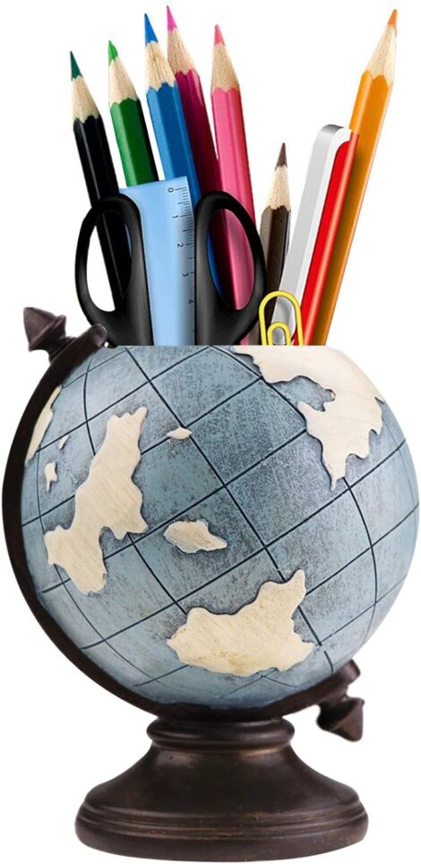 MUAMAX Vintage Globe Pen Holder, Retro Desk Organizer for Teachers & Geography Enthusiasts.