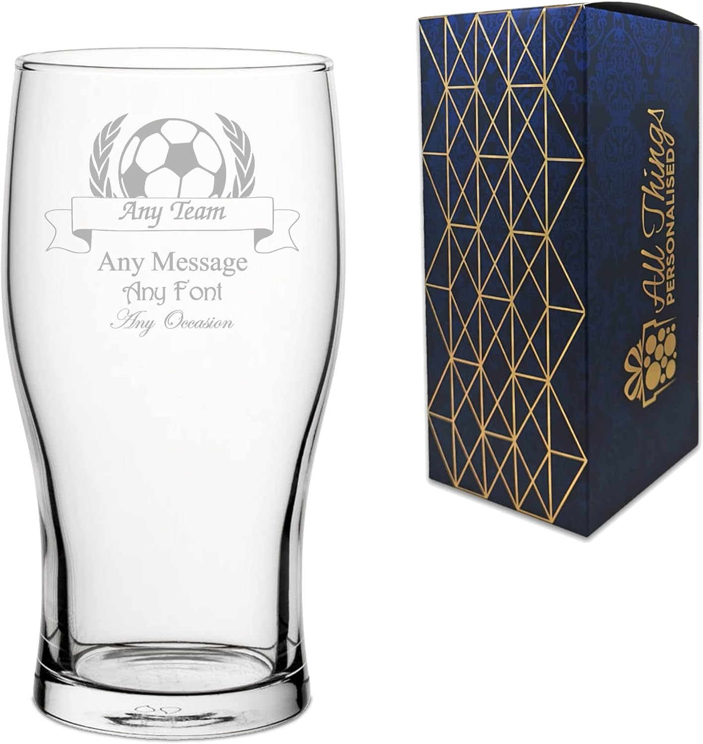 Personalised Engraved Pint Glass Sports Award Football Trophy, Personalise with Any Message for Any Occasion, Stylize with a Variety of Fonts, Gift Box Included, Laser Engraved