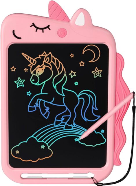 Portable unicorn educational toys for 3-8 year olds with 10-inch LCD drawing tablet. Ideal holiday/birthday gift.