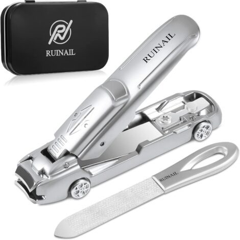 Silver Car Shape Nail Clipper Set with Catcher, File & Built-in Nail File for Men’s No Mess Nail Clipping