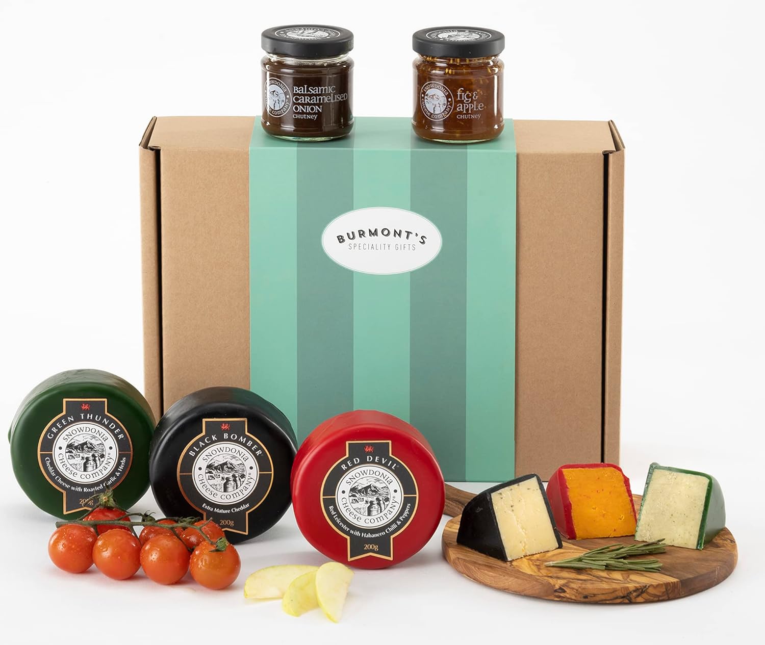 Snowdonia Cheese Company Gift Hamper Containing Three, 200g Truckles - Little Black Bomber, Red Devil & Green Thunder. Also Includes Two Snowdonia Chutneys - Hamper Exclusive To Burmont's