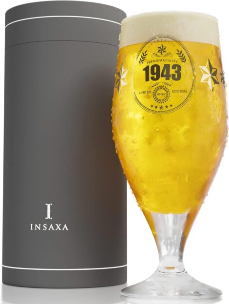 Insaxa 80th Men’s Birthday Gift – 1943 Limited Edition Beer Glass (1 Pint / 580ml).