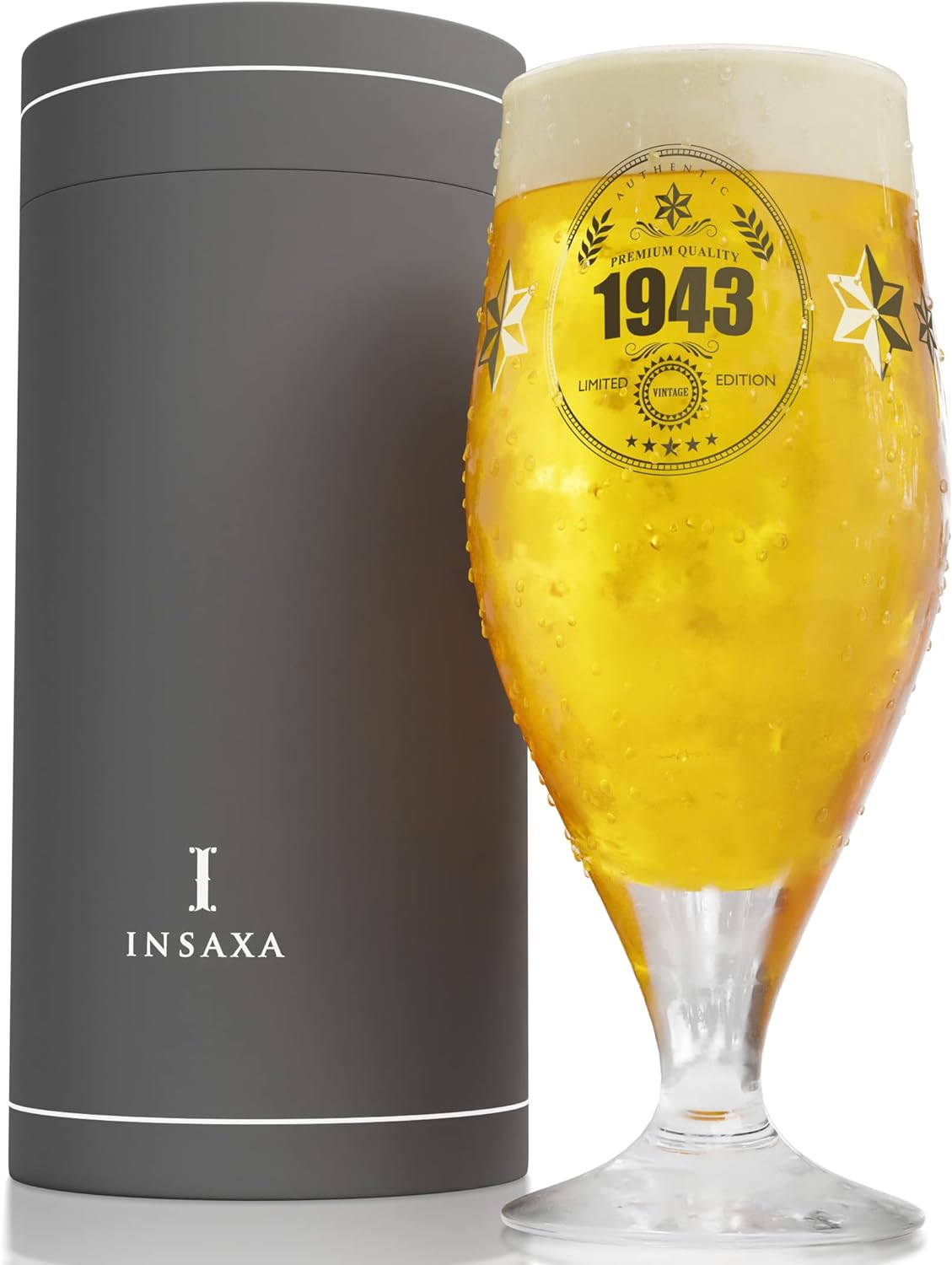 Insaxa 80th Birthday Gifts for Men - Limited Edition 1943 Premium Quality Beer Glass (1 Pint / 580ml)