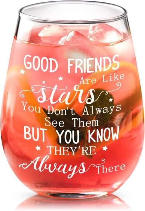 15 oz Stemless Wine Glass with the inscription “Good Friends are Like Stars” – Friendship Gifts