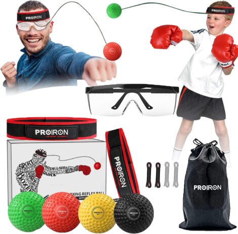 PROIRON Boxing Reflex Ball Kit: Safety Glasses, 4 Balls, Headband for Adult/Kids; Improve Punch Speed, Coordination, Training Equipment.