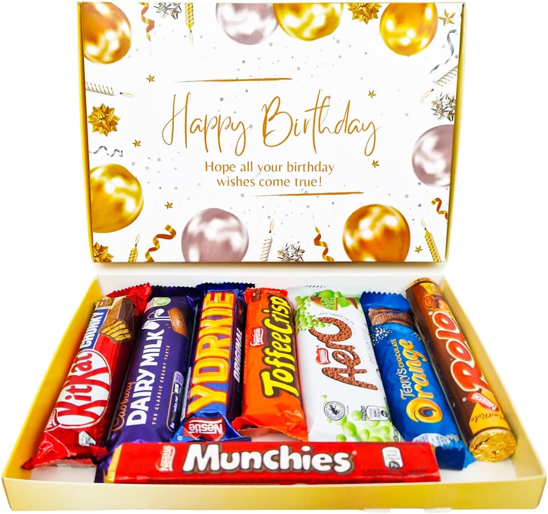 Happy Birthday Chocolate | Full Sized Bars | Birthday Chocolate Box | Perfect Letterbox Gift Hamper | A mixture of Cadbury chocolate | Nestle Kitkat | Yorkie | Terry Orange | For Kids | Him | Her |