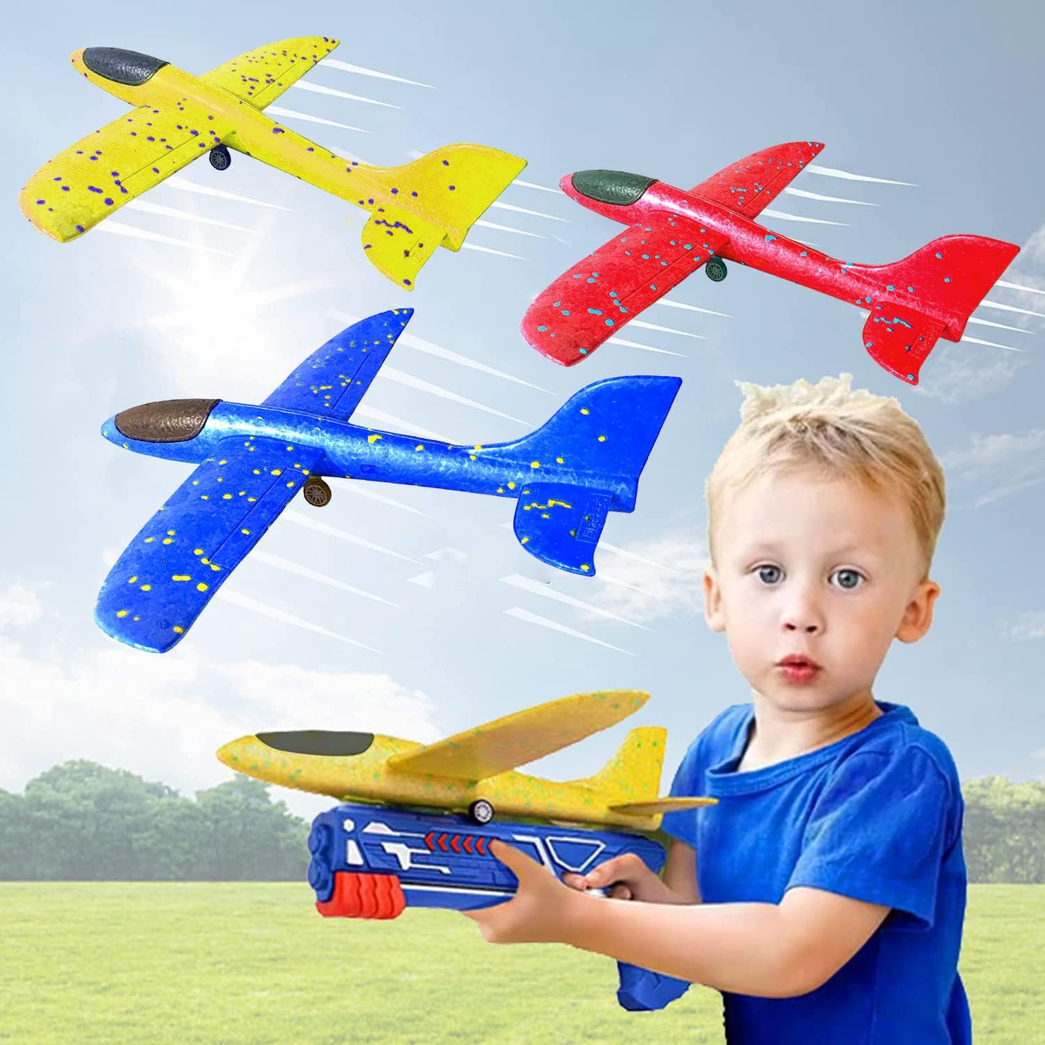 CAZOS Airplane Launcher Toy - 3 Pack Foam Glider Plane Throwing Aeroplane Toys for Outdoor Game Flying Toys Birthday Gifts for Age 4 5 6 7 8 9 10 11 12 Kids Boys Girls
