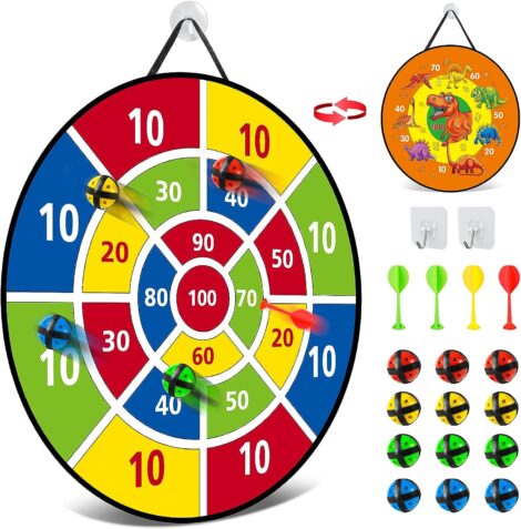 26″ Kids Dinosaur Dart Board Set: Double-Sided Montessori Toy, Indoor/Outdoor Game with Sticky Balls.