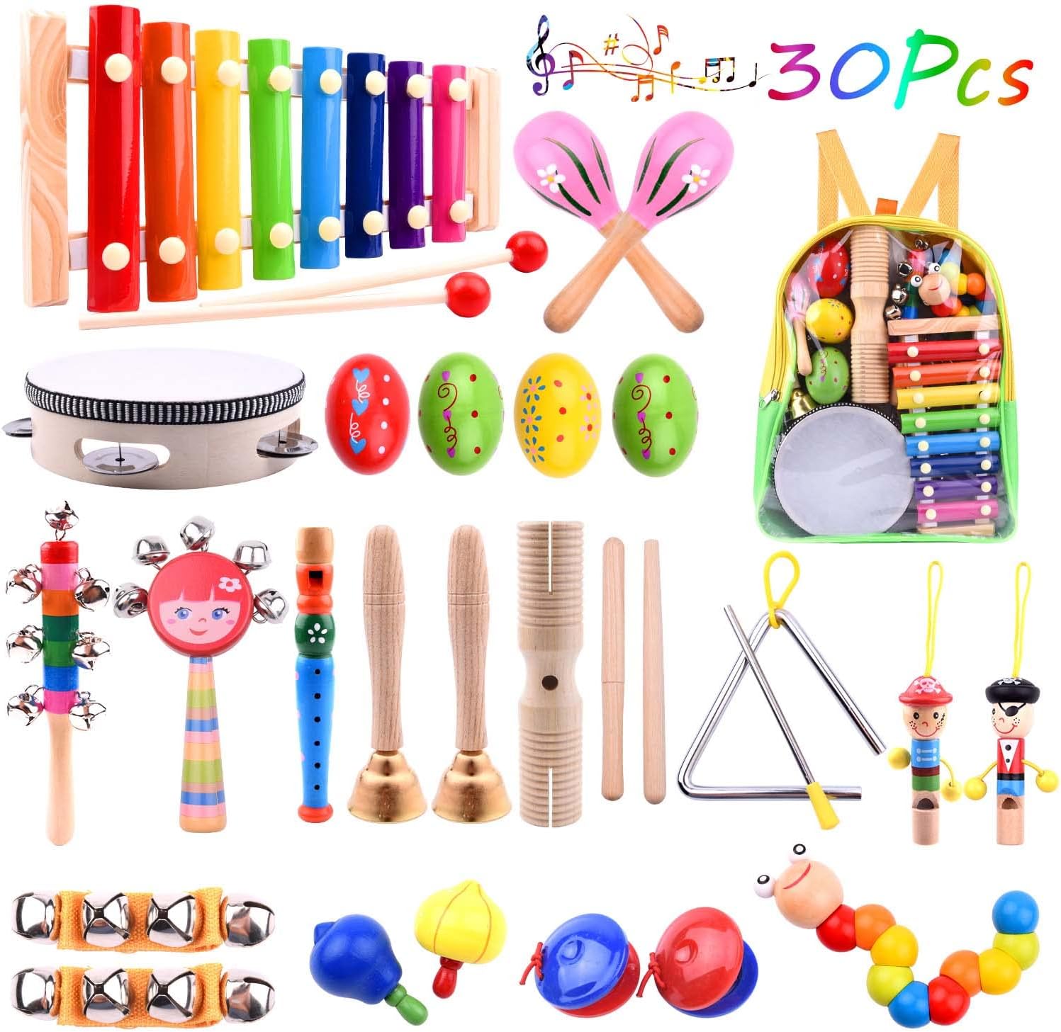 ELECLAND 30 Pcs Musical Instruments for Toddlers Music Wooden Toys Baby Educational Percussion Rhythm Drum Sensory Toys for Babies Kids Gift