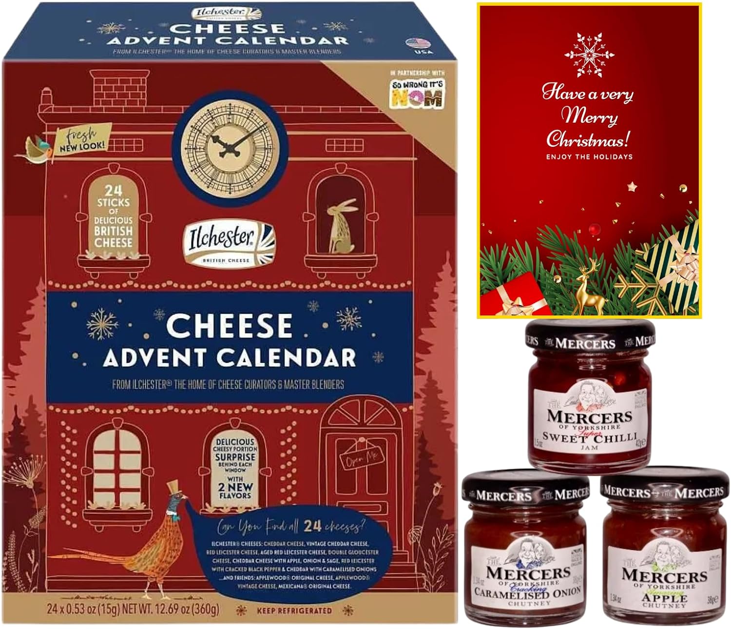 Ilchester Cheese Advent Calendar 2023, Chutney and Christmas Card - World's First Cheese Advent, 24 Individually Wrapped Cheese Selection - Cheese Gifts, Chutney Gift Sets, Unique Food Advent Calendar