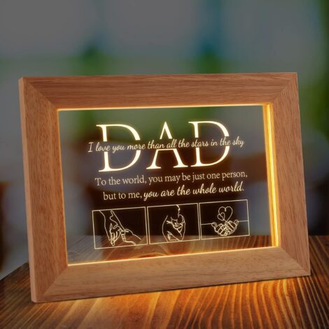 Father’s Day gift from child, engraved LED night light with wooden frame for Dad’s bedroom.