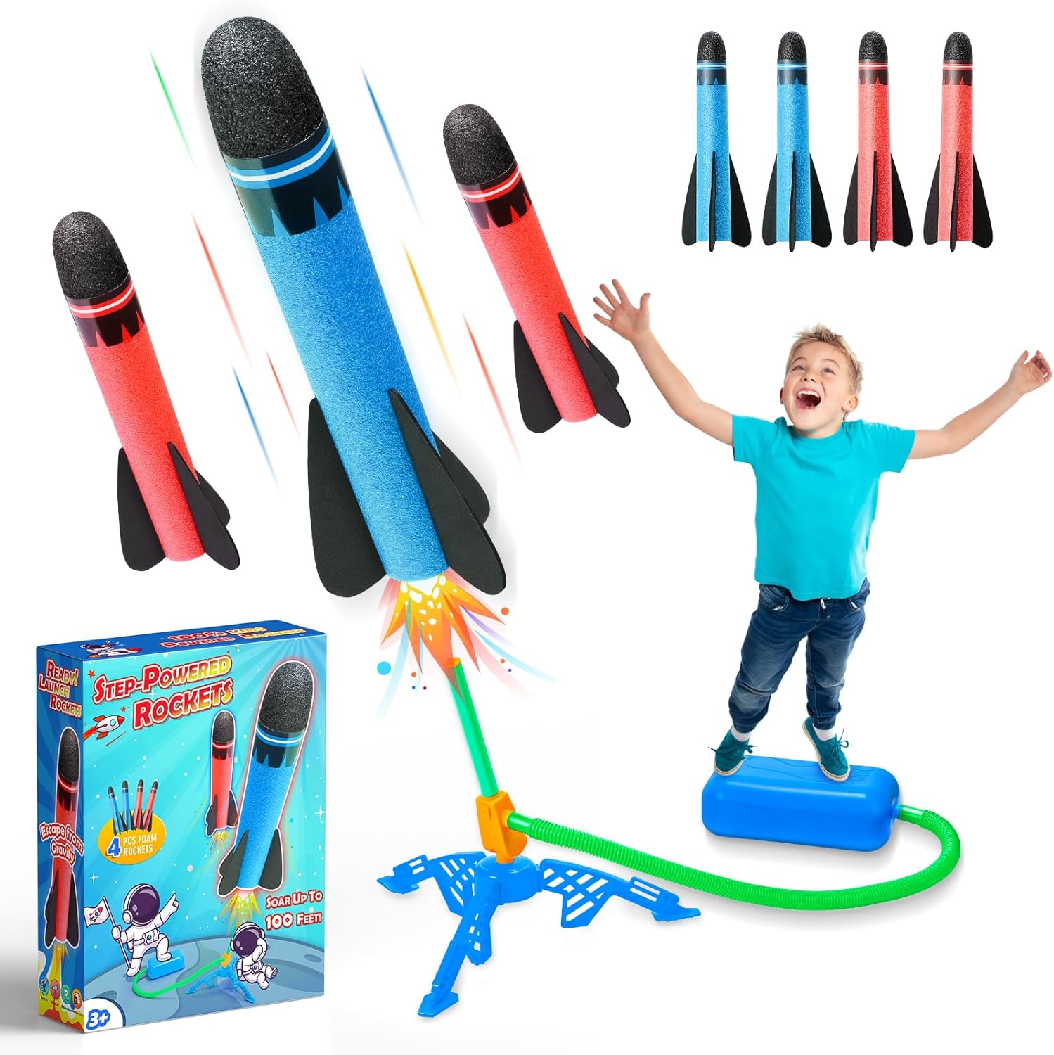 HappyGoLucky 4pcs Foam Rockets Toy Launcher Playset for Kids Fun Outdoor Toys Gifts for Boys Girls