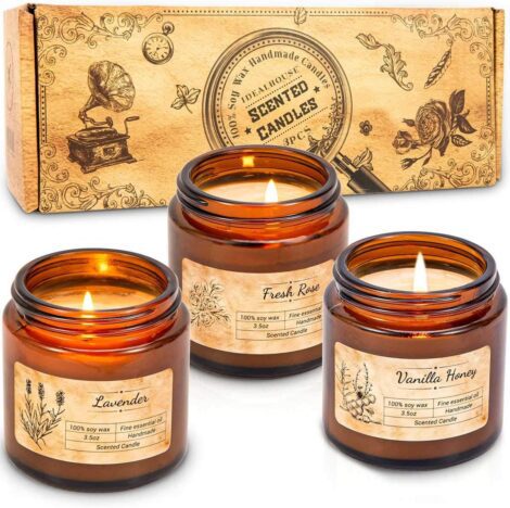 3-Piece Scented Soy Wax Candles Set in Glass Jar: Vanilla Honey, Fresh Rose, Lavender. Ideal Gift for Women.