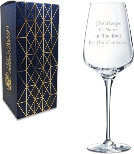 Customized 16oz Aristo Wine Glass, Engrave with Any Message, Various Fonts, Laser Engraved, Gift Boxed.