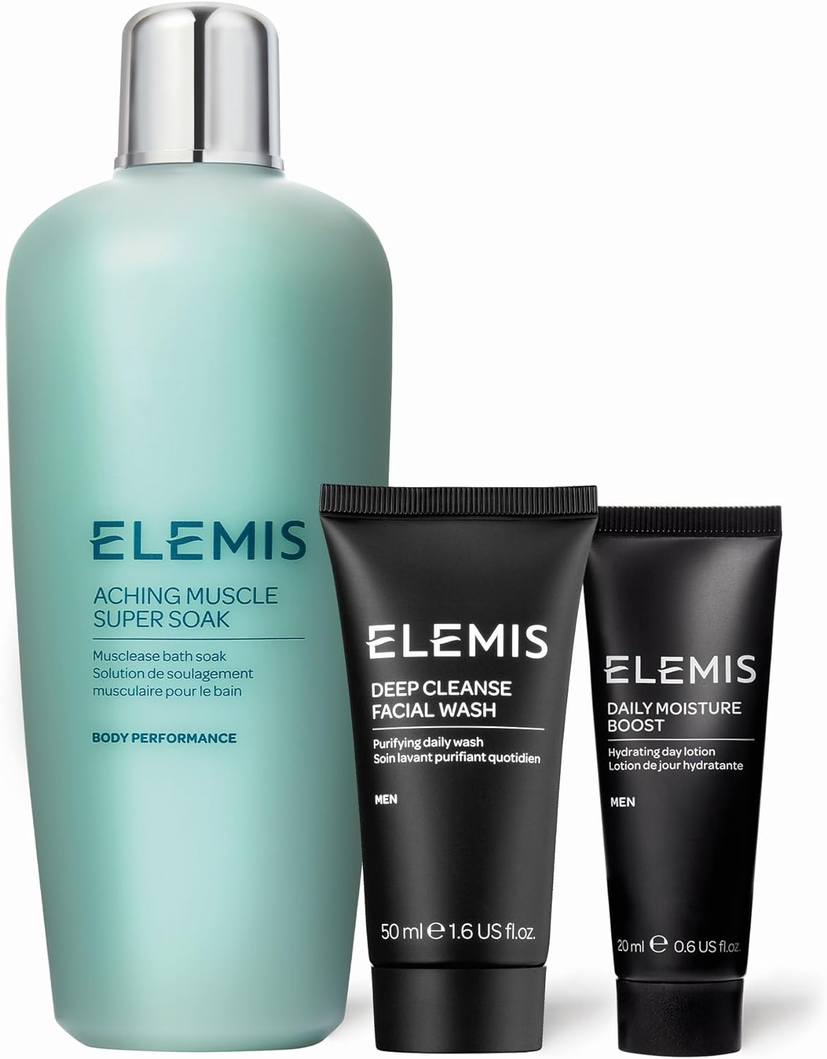 Elemis Limited Edition Men's Wellness Grooming Christmas Collection, Luxury Bath & Skincare Bundle Gift Set, Full Size Aching Muscle Super Soak, Travel Deep Cleansing Face Wash & Daily Moisturiser