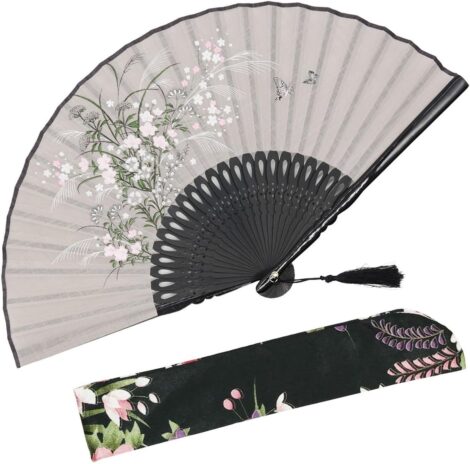 OMyTea Grey Grassflower Hand Held Fan: Vintage Chinese/Japanese Style with Fabric Sleeve for Protection.