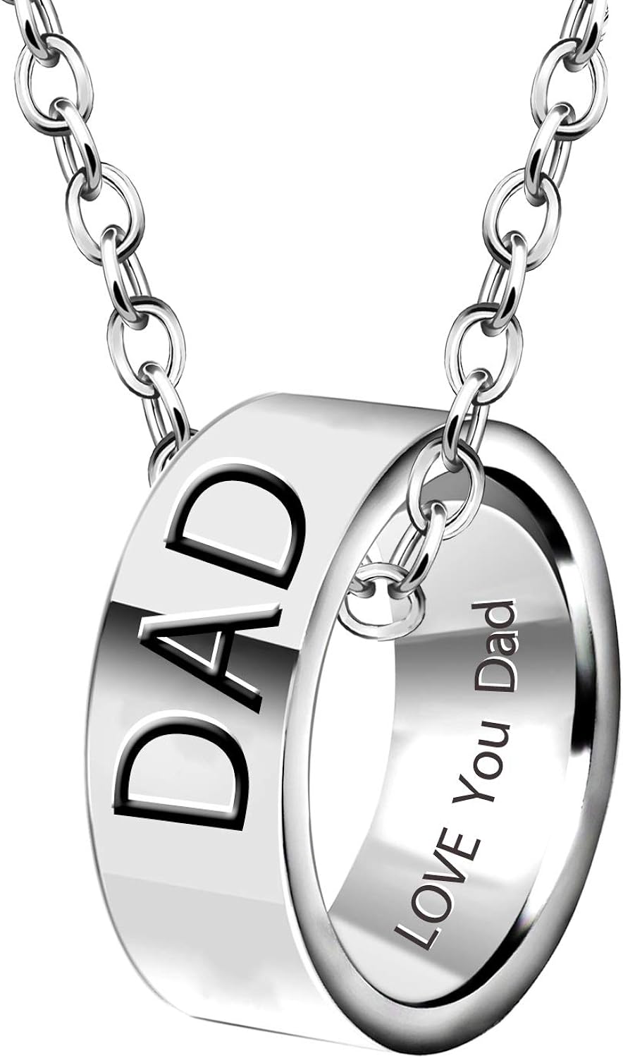 YONGHUI Mens Personalised Adjustable Stainless Steel Ring Necklace Jewellery For Dad Daddy Engraved Love You Fathers Day Birthday Gifts Silver (Dad)