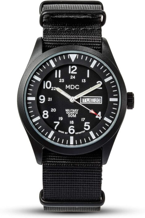 Shortened Product Name: Infantry MDC Men’s Black Military Watch with Day & Date Display