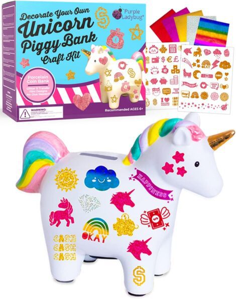 Purple Ladybug Unicorn Piggy Banks for Kids 6+: Unicorn-themed craft kit and money box for girls.