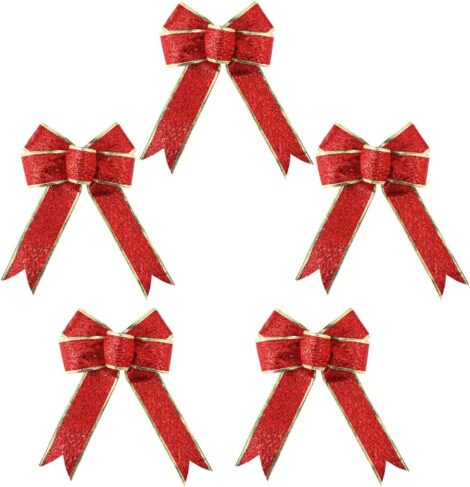 5pcs/Pack Red Glitter Christmas Tree Bows – Festive Gold Gift Ribbon Decorations