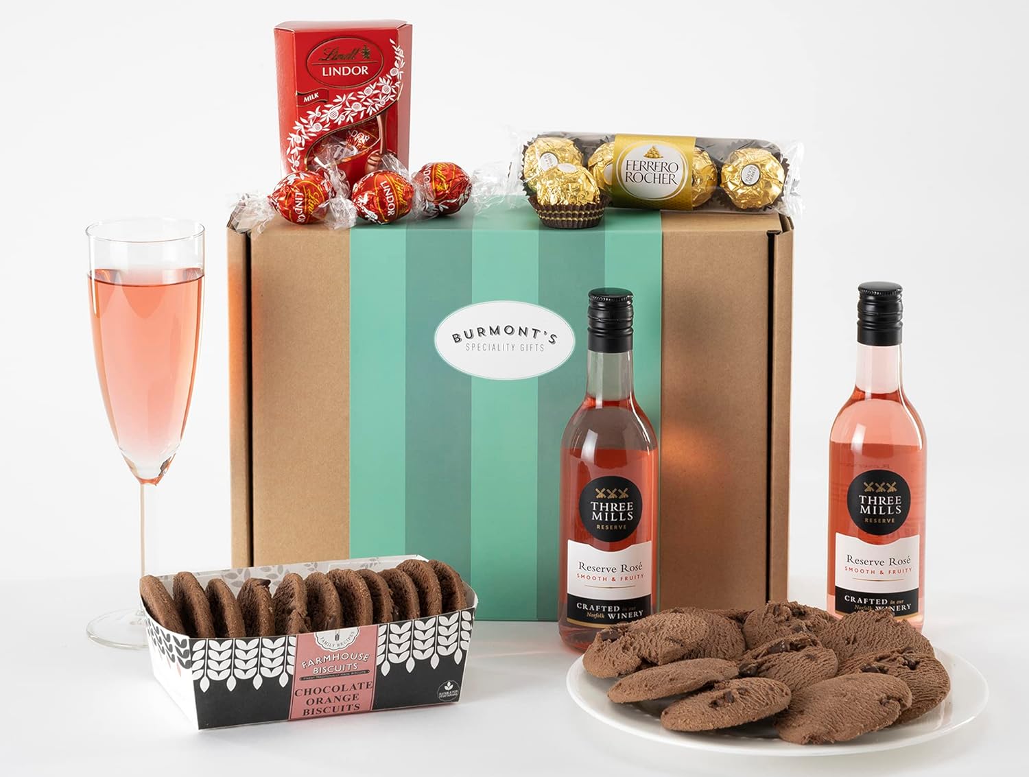 Rosé Wine & Chocolate Hamper - Two Small Rose Wines, Lindt Lindor Chocolates, Ferrero Rocher & Premium Chocolate Chip Biscuits - Hamper Exclusive To Burmont's