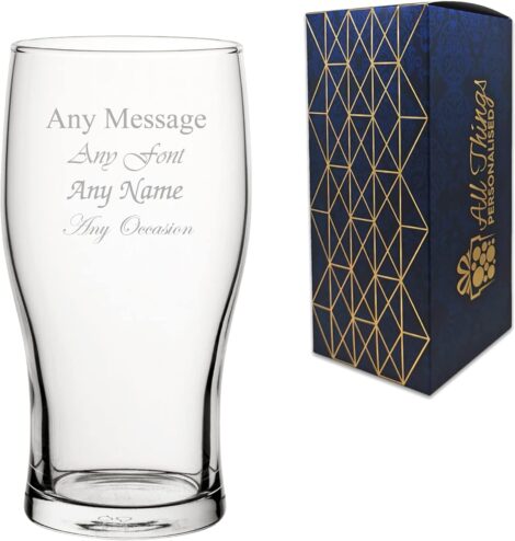 Engraved Pint Glass with Custom Message, Various Fonts, Gift Box Included, Toughened Tulip Glass