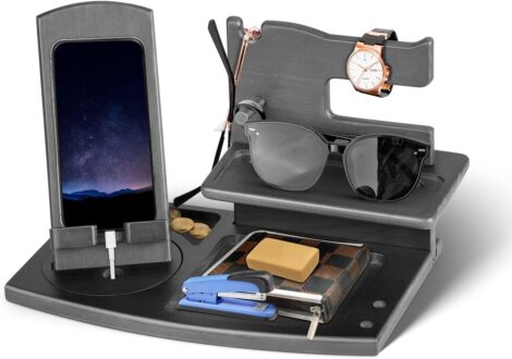 Wooden phone docking station and bedside organizer for men, perfect for gifting on special occasions.