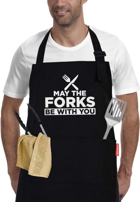 BBQ Apron for Movie Fans: “May The Forks Be with You”, Fun Gift for Him, Black Chef Apron