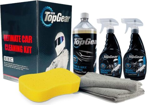 Top Gear Car Cleaning Set: Wash, Wax, Wheel, Shine – Sponge and Cloths – Gift Boxed